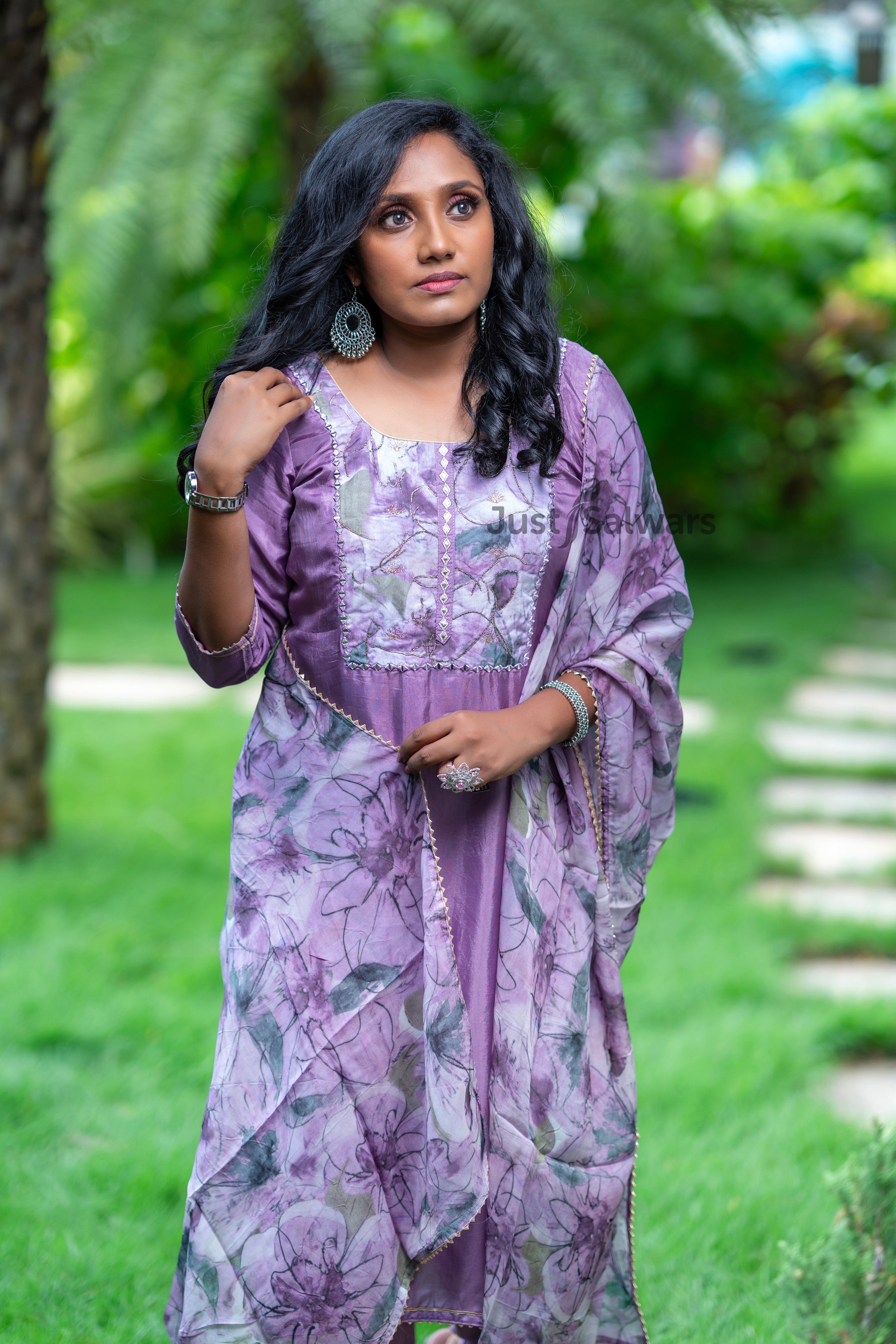 Purple Colour Muslin Semi Stitched Dress Material with Organza Duppatta