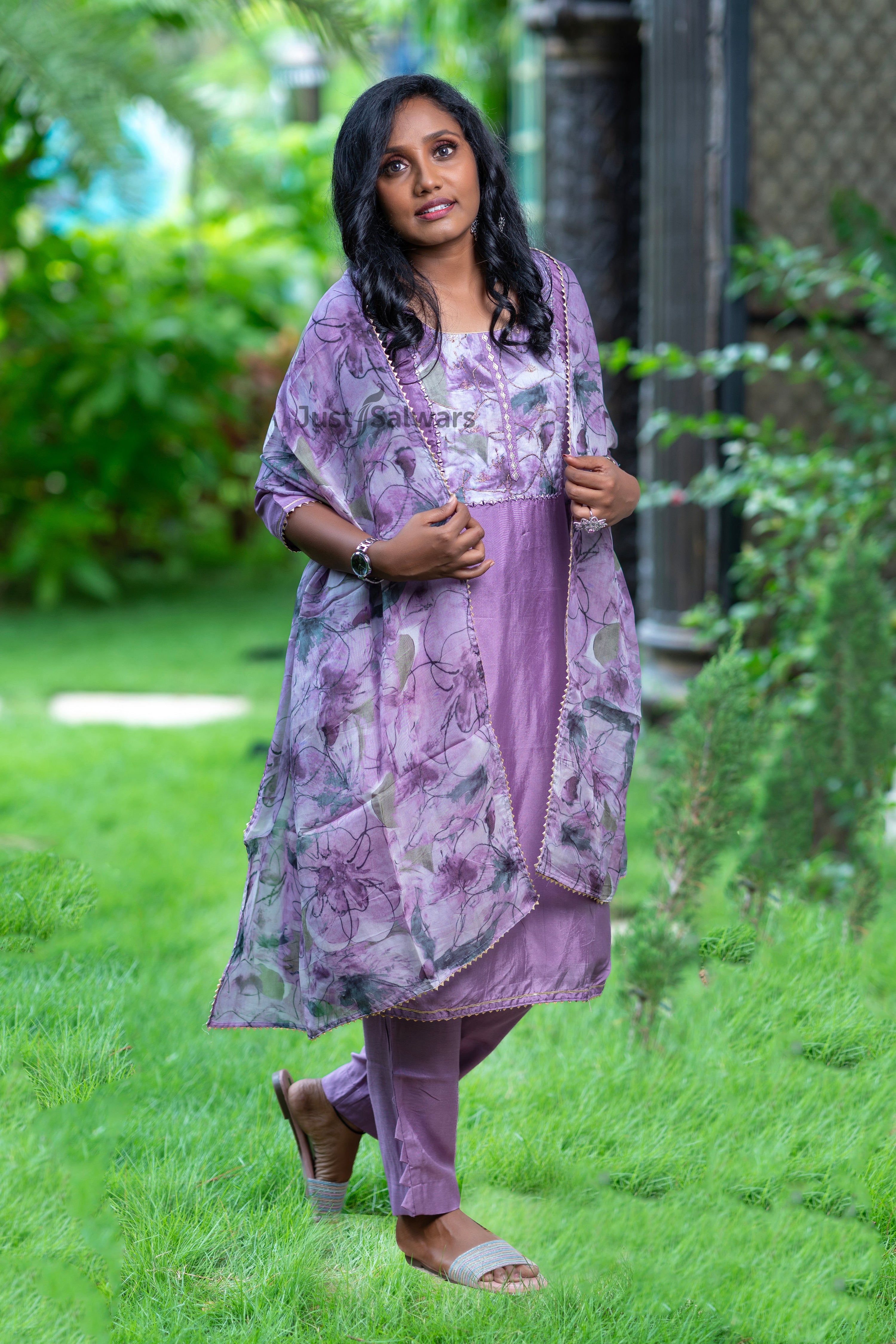Purple Colour Muslin Semi Stitched Dress Material with Organza Duppatta