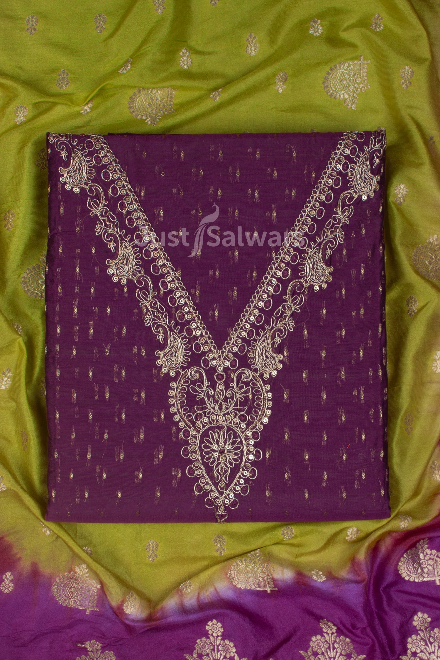 Purple Colour Silk Cotton Dress Material with Silk Dupatta -Dress Material- Just Salwars