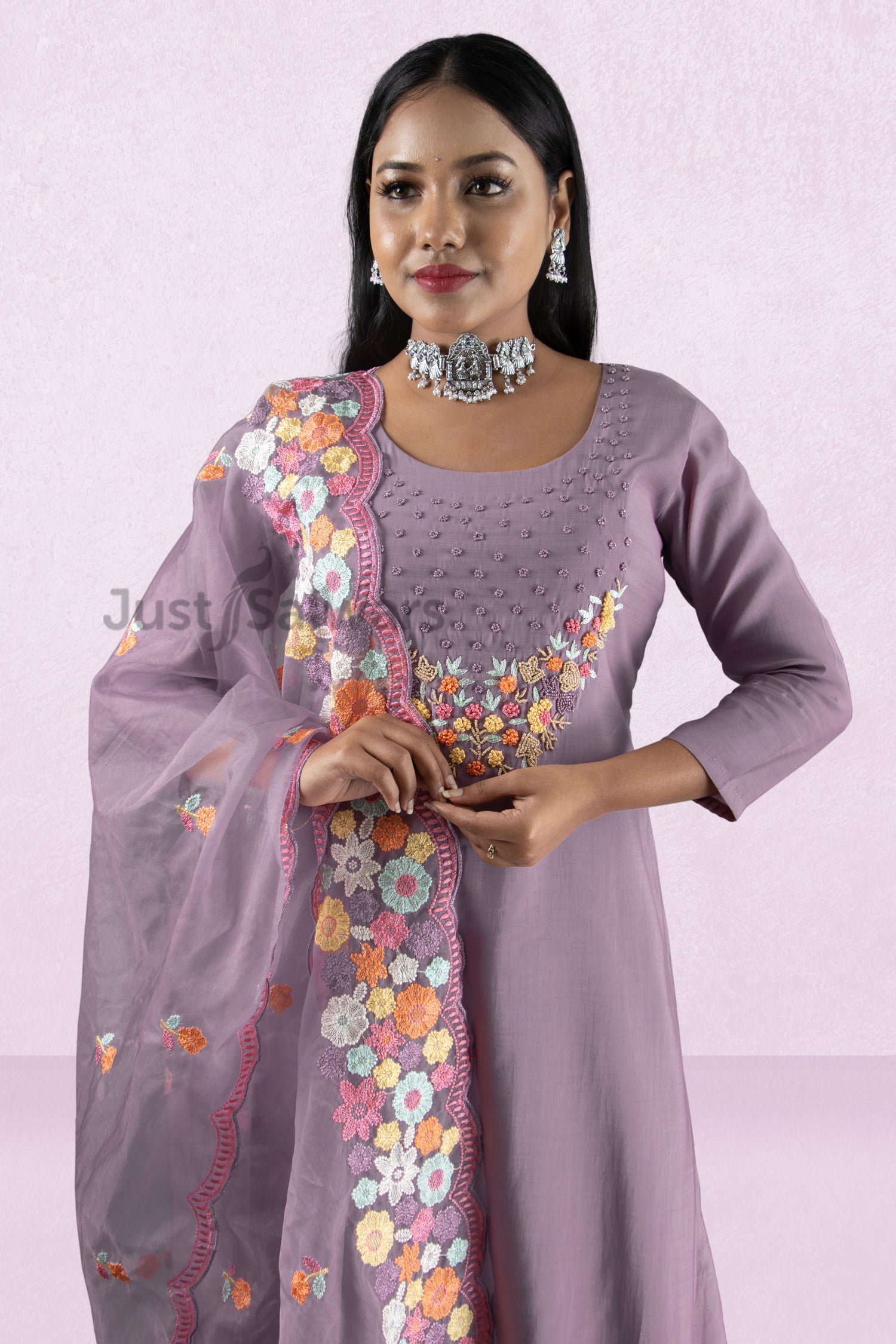 Purple Colour Silk Cotton Straight Cut Salwar Suit -Salwar Suit- Just Salwars