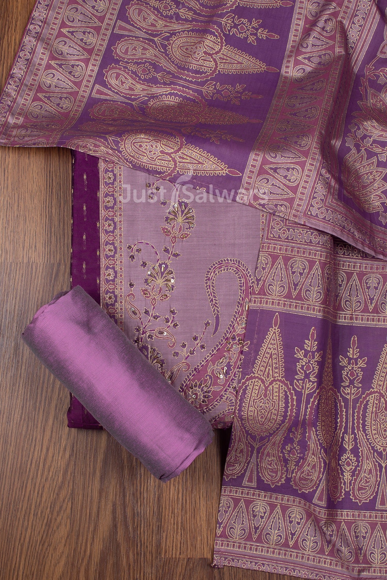Purple Colour Silk Cotton Unstitched Dress Material with Silk Dupatta -Dress Material- Just Salwars