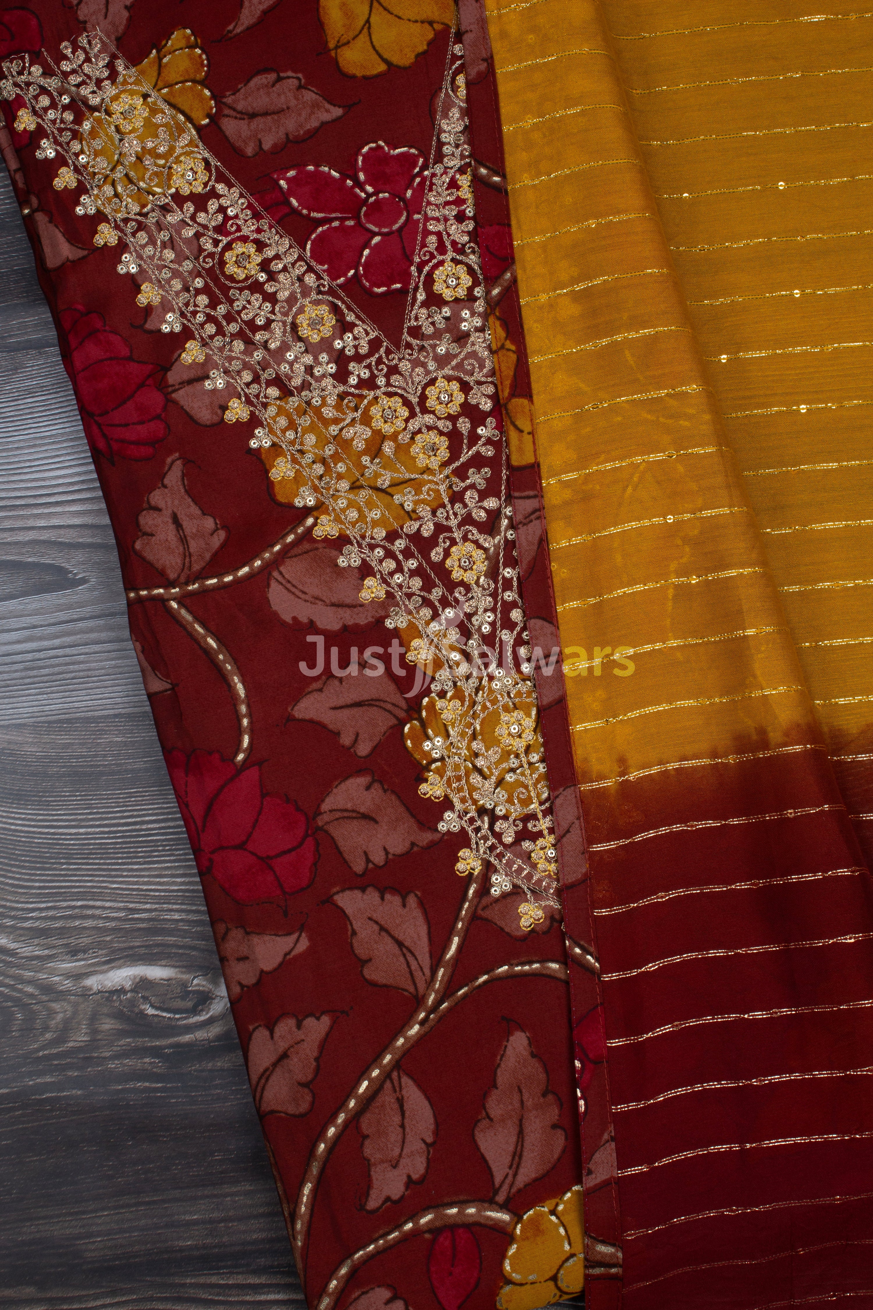 Red and Mustard Colour Muslin Mix Dress Material -Dress Material- Just Salwars