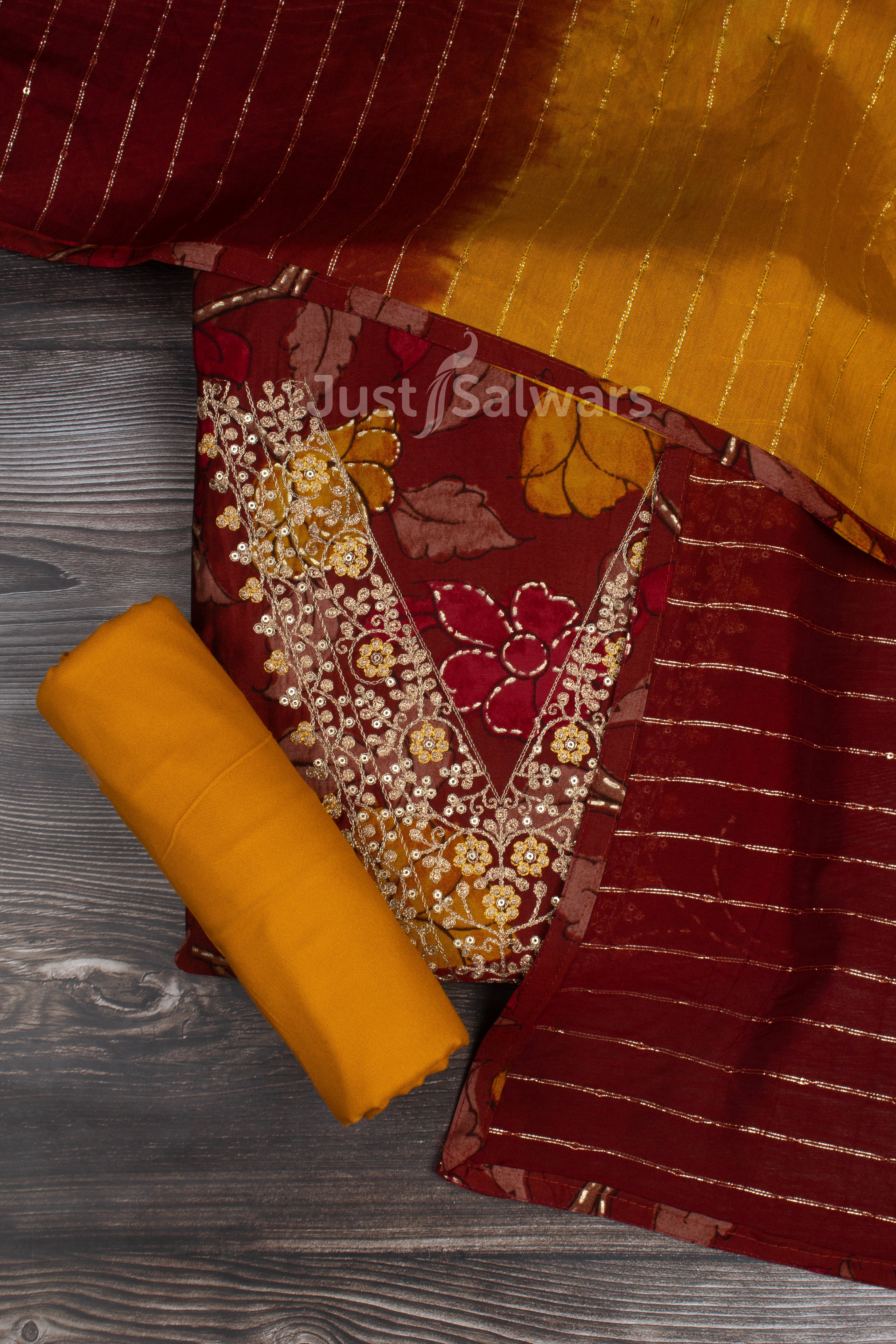 Red and Mustard Colour Muslin Mix Dress Material -Dress Material- Just Salwars