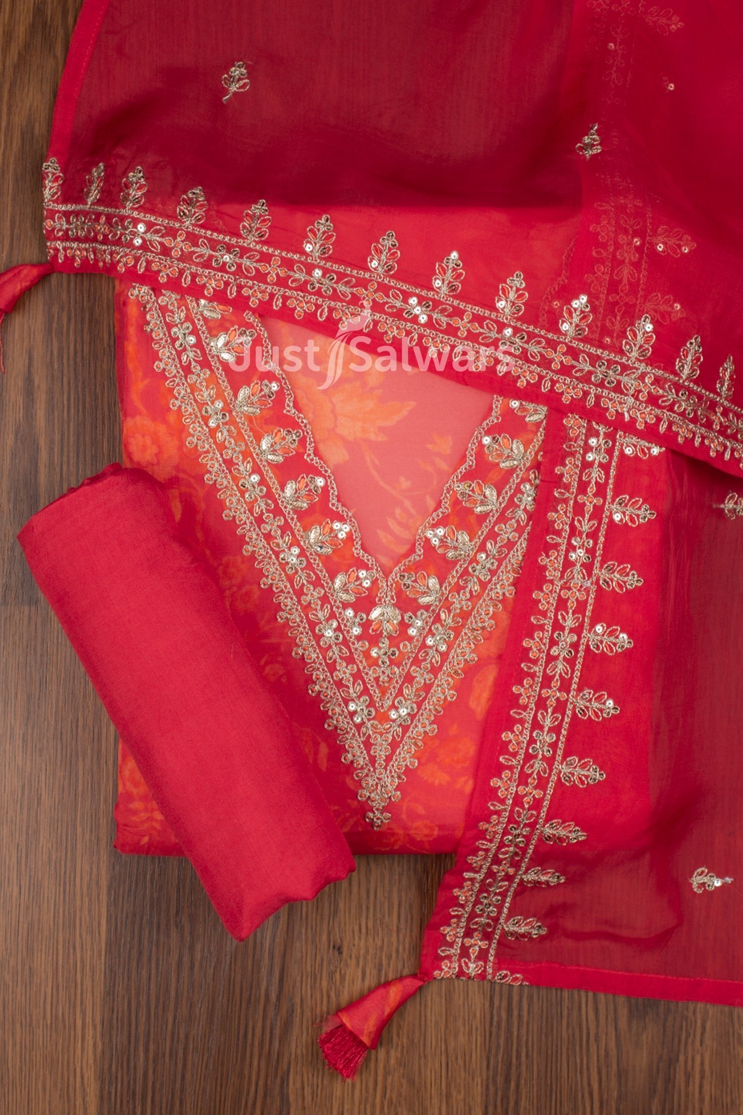 Red and Orange Colour Organza Dress Material -Dress Material- Just Salwars
