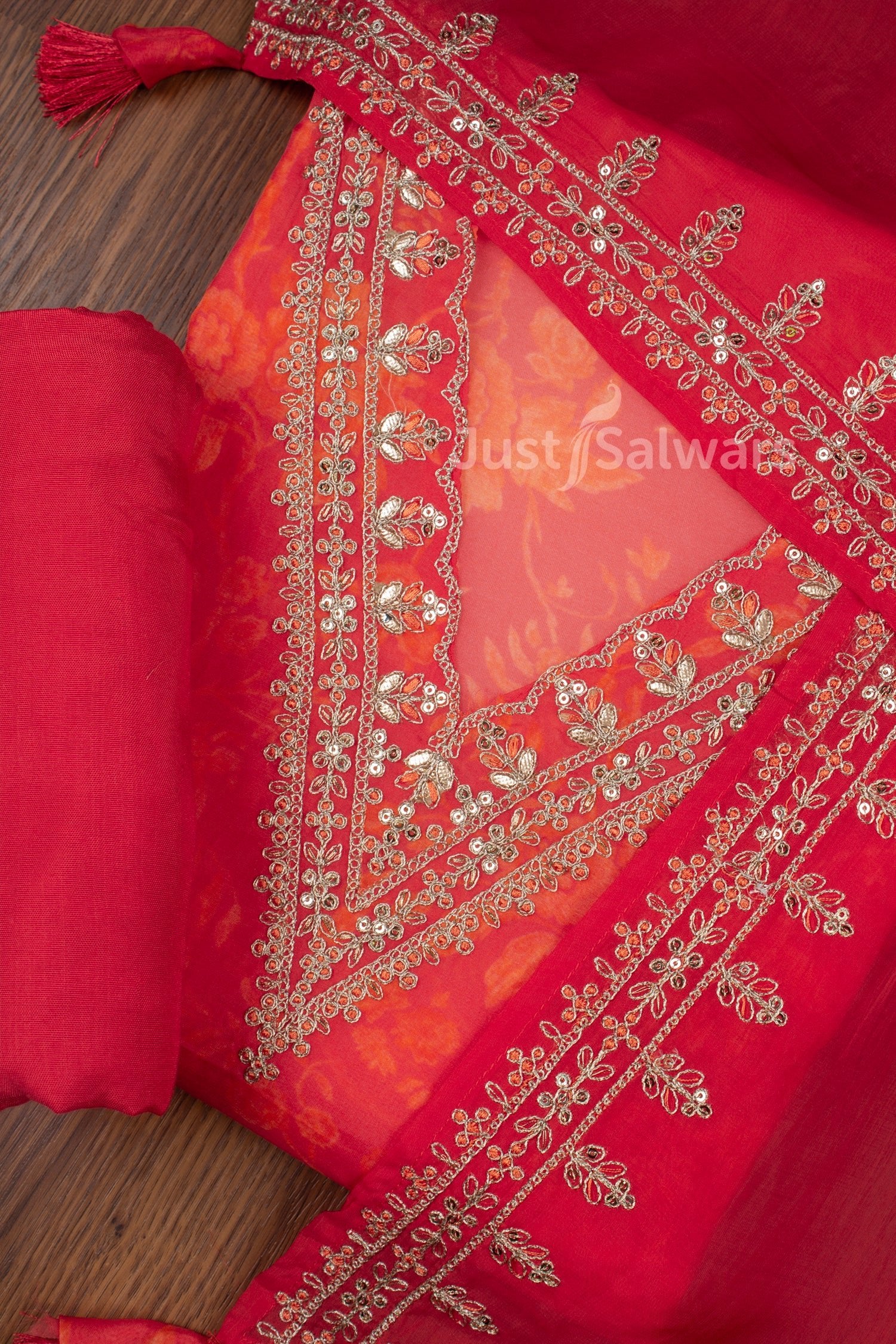 Red and Orange Colour Organza Dress Material -Dress Material- Just Salwars