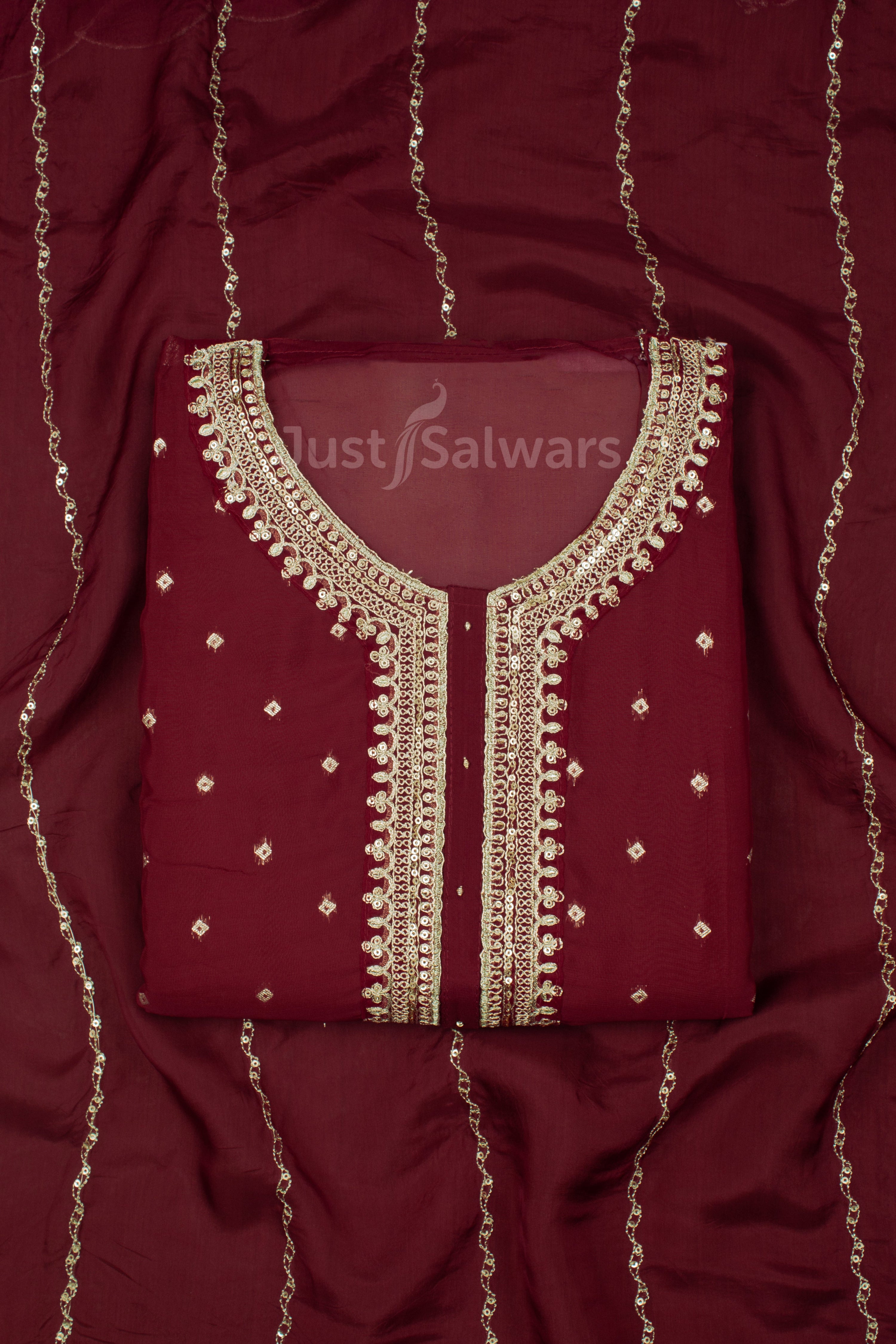 Red Colour Unstitched Dress Material -Dress Material- Just Salwars