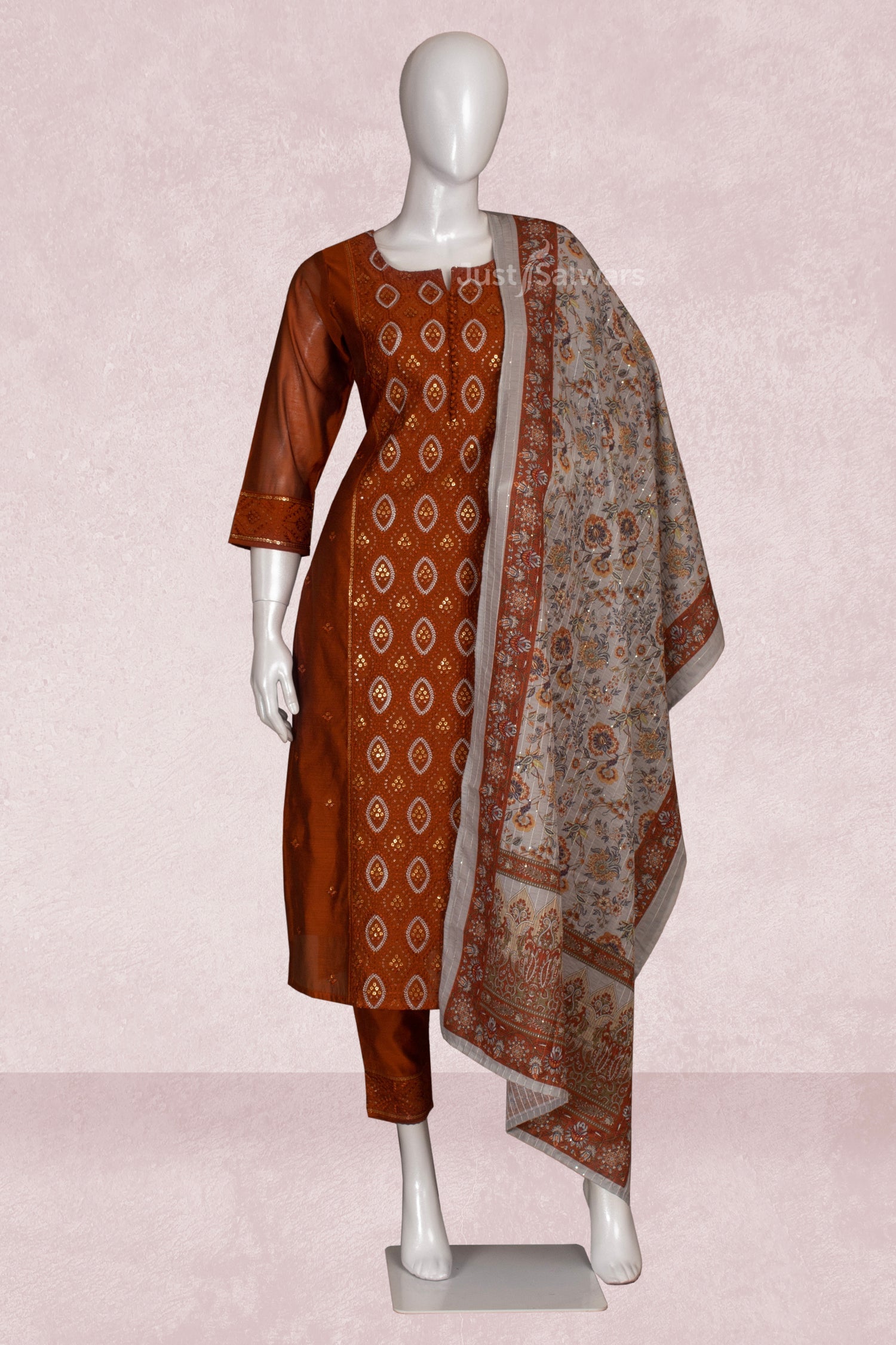Rust Colour Straight Cut Salwar Suit -Salwar Suit- Just Salwars