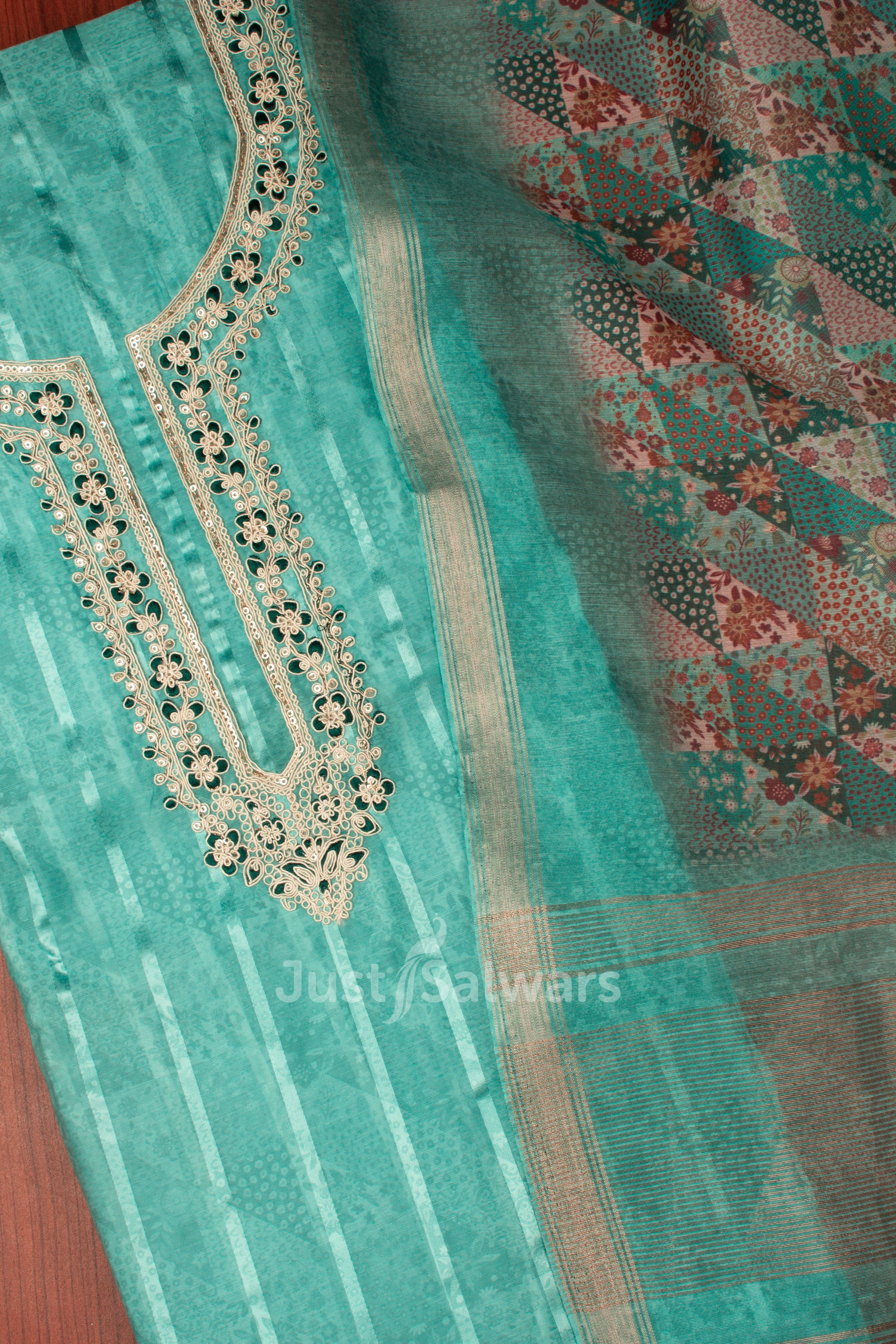 Sea Green Colour Unstitched Dress Material -Dress Material- Just Salwars