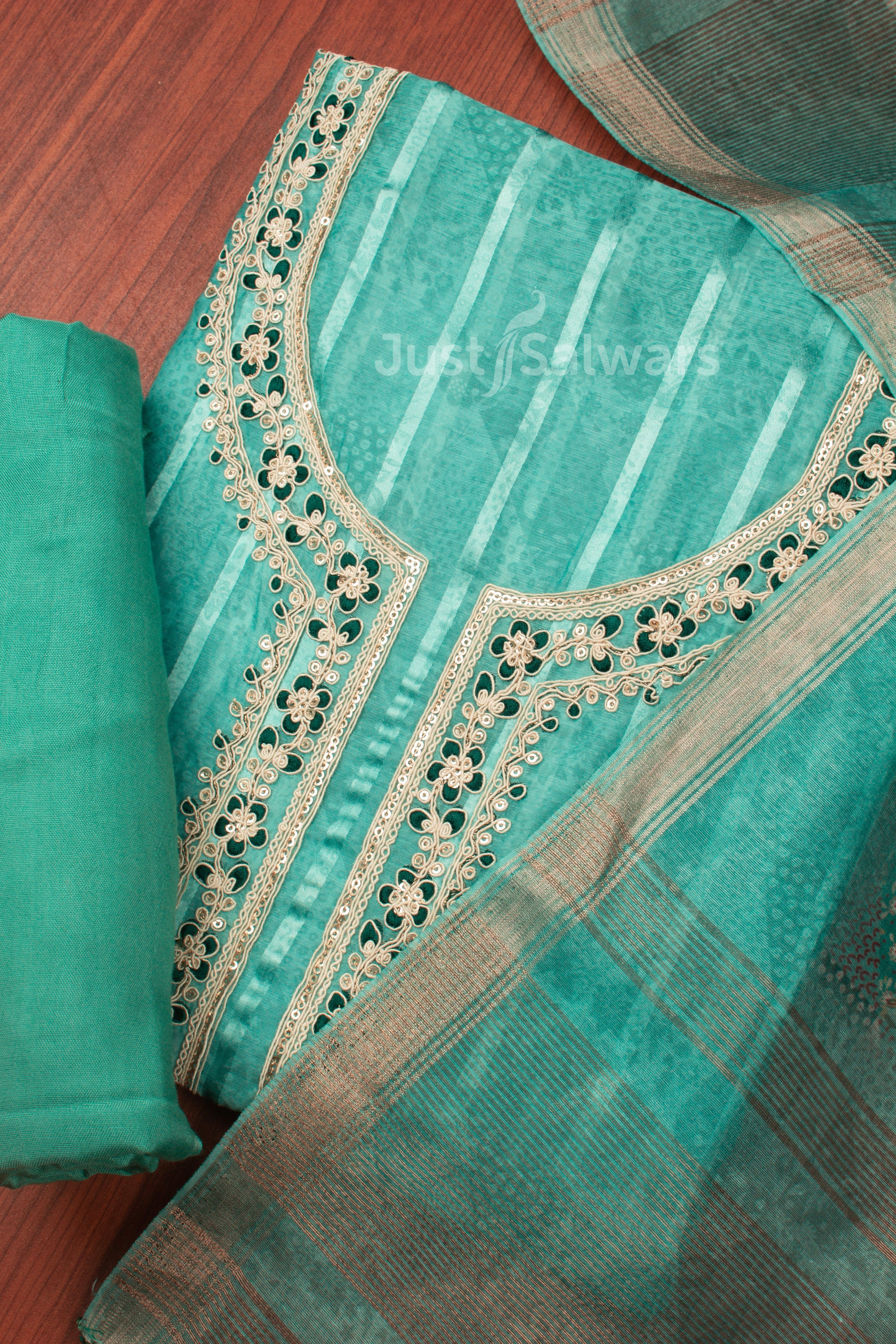 Sea Green Colour Unstitched Dress Material -Dress Material- Just Salwars