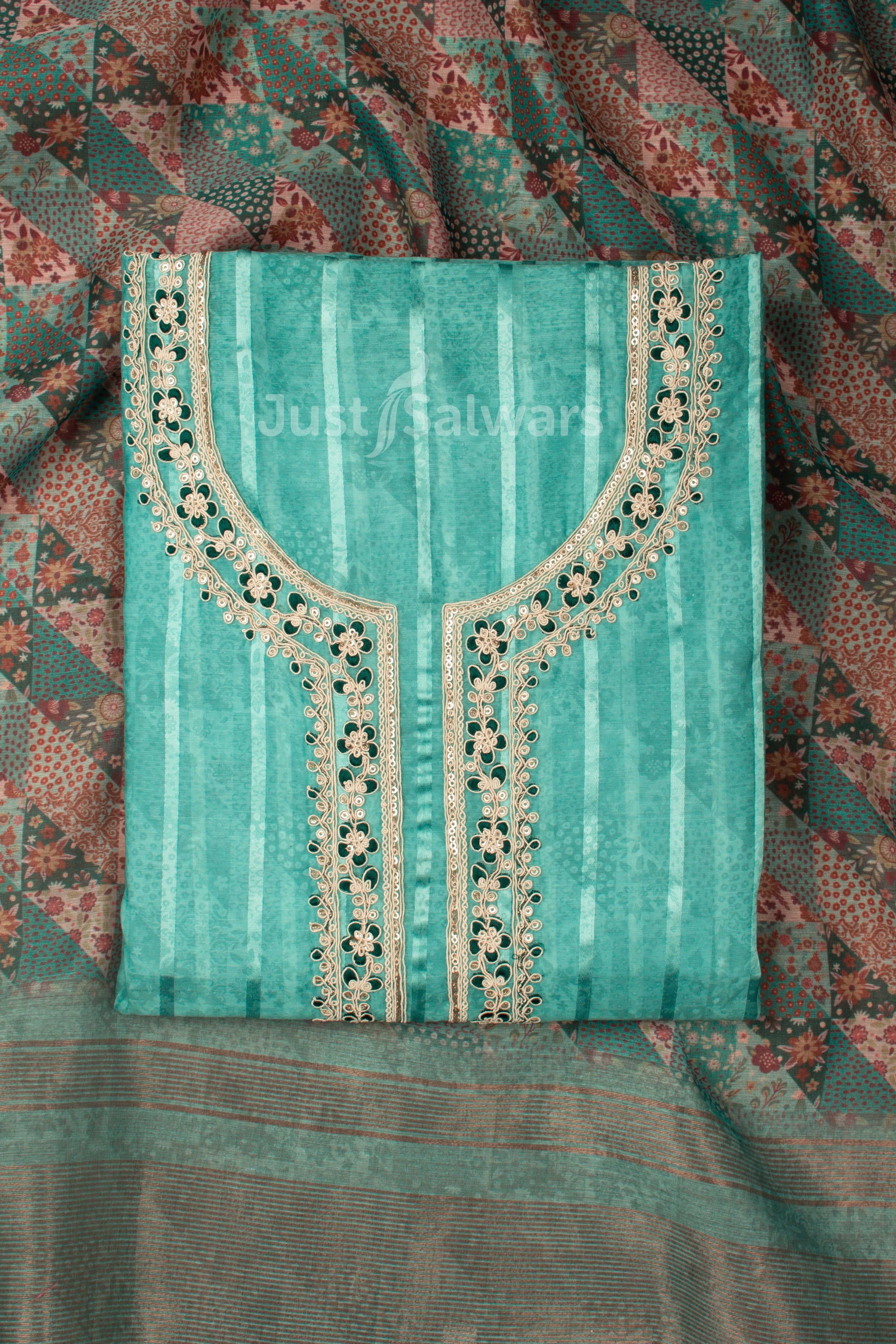 Sea Green Colour Unstitched Dress Material -Dress Material- Just Salwars