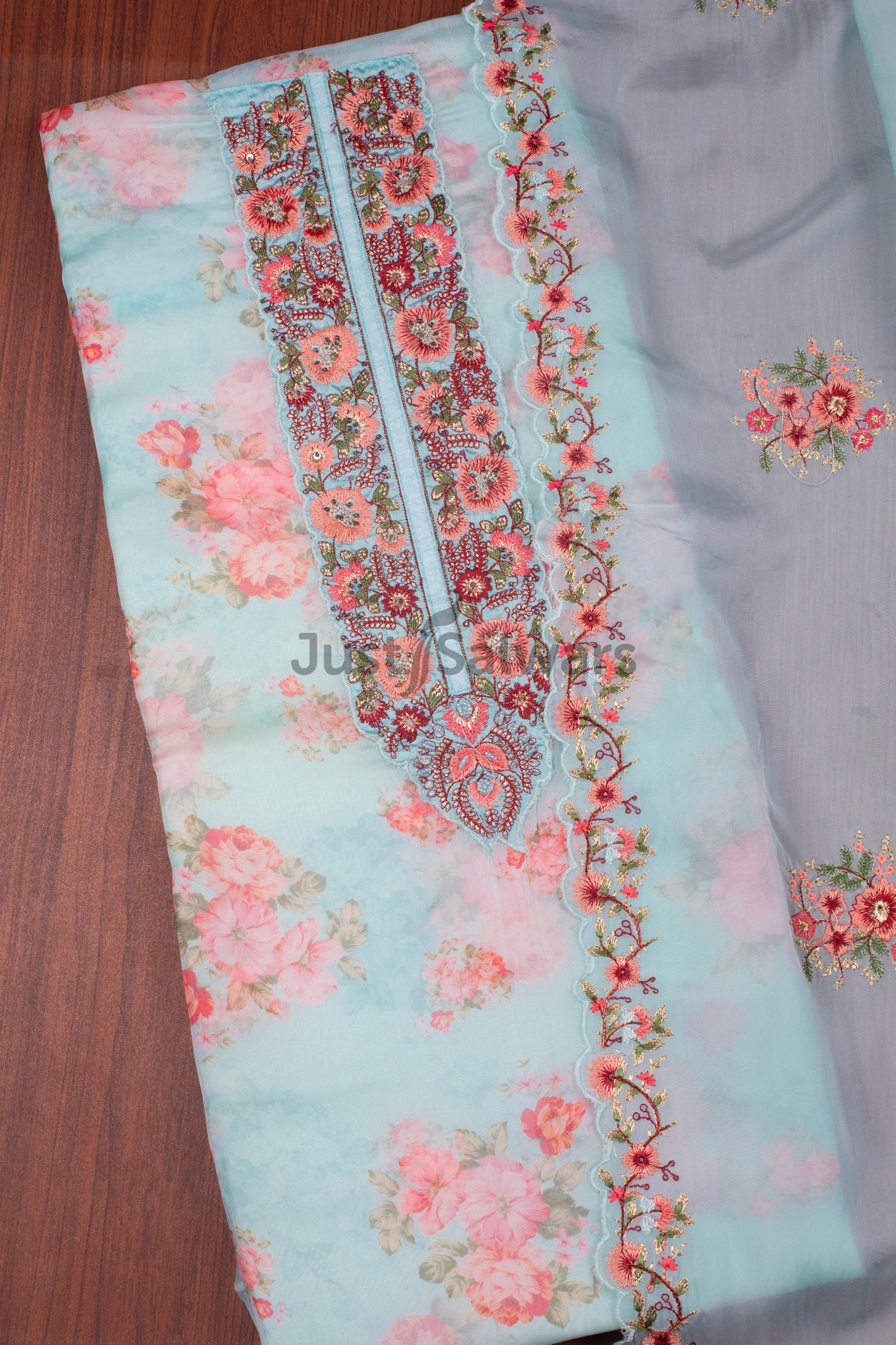 Sky Blue Colour Unstitched Dress Material -Dress Material- Just Salwars