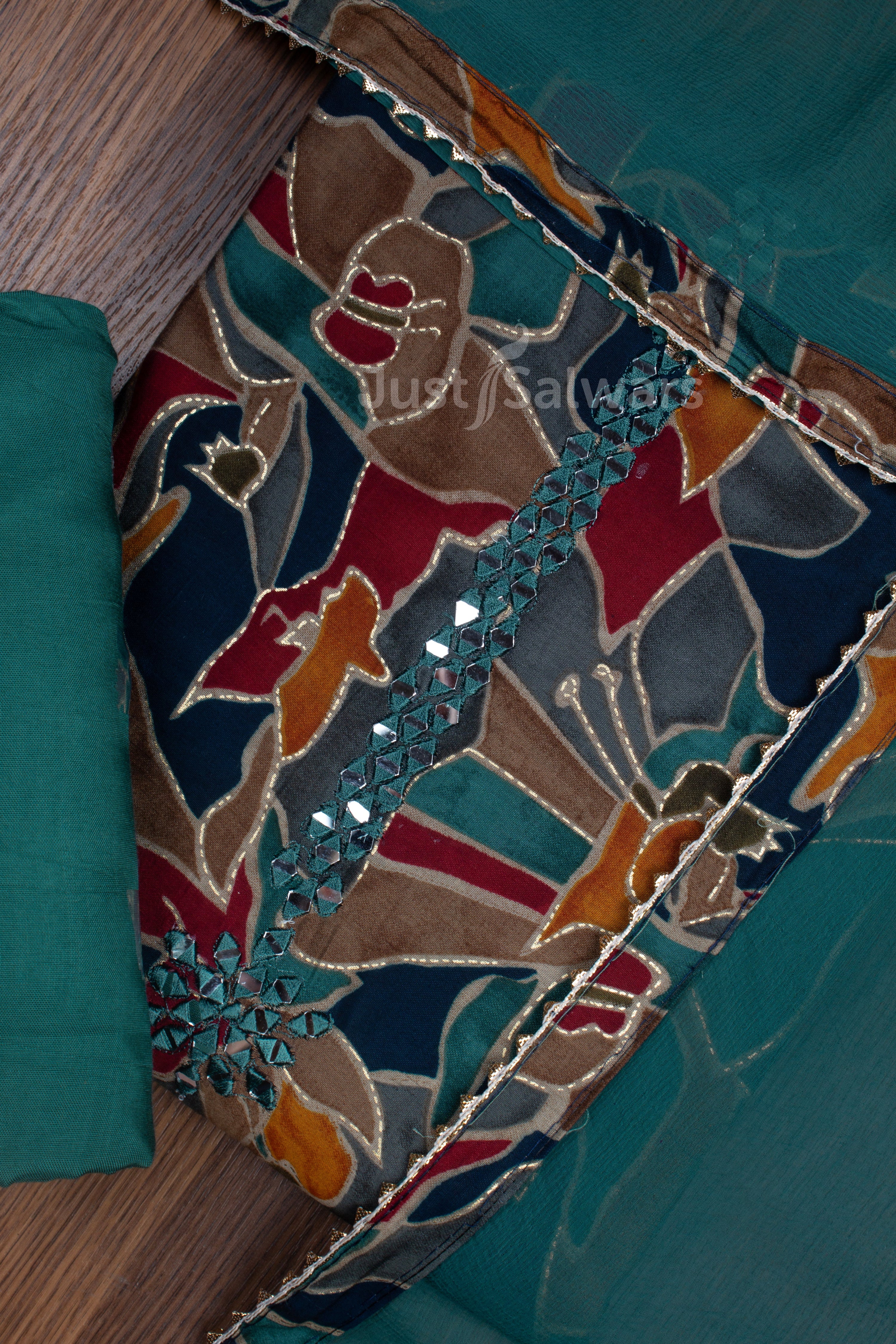 Turquoise Colour Muslin Dress Material with Chiffon Dupatta -Dress Material- Just Salwars