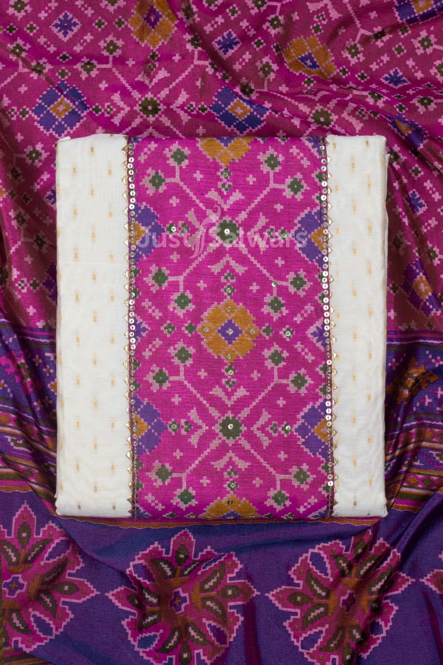 White and Pink Colour Silk Cotton Dress Material -Dress Material- Just Salwars