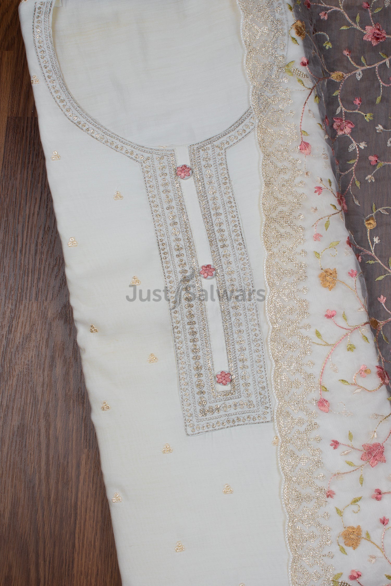 White Colour Muslin Dress Material with Net Dupatta -Dress Material- Just Salwars