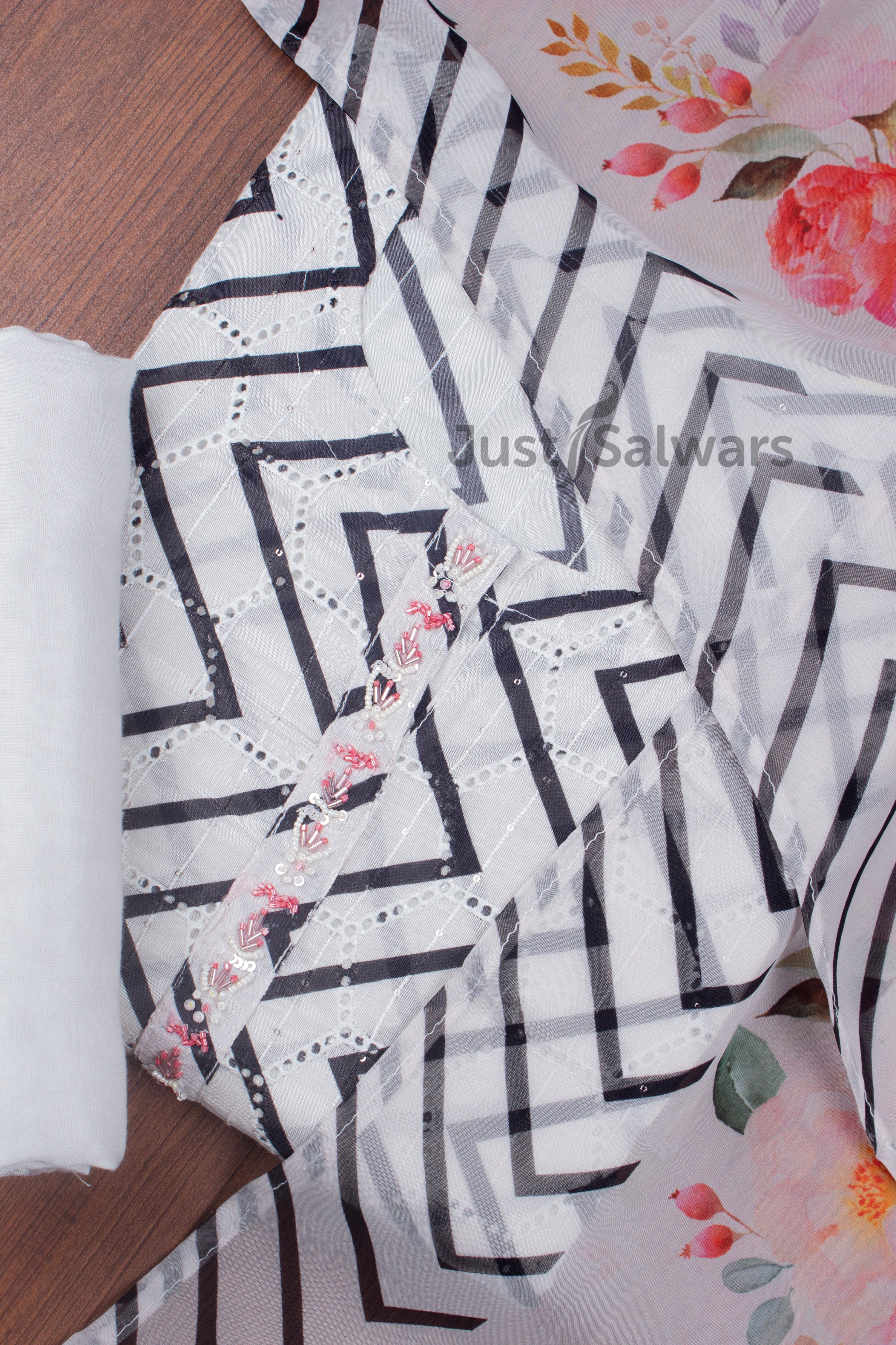 White Colour Semi Stitched Dress Material -Dress Material- Just Salwars
