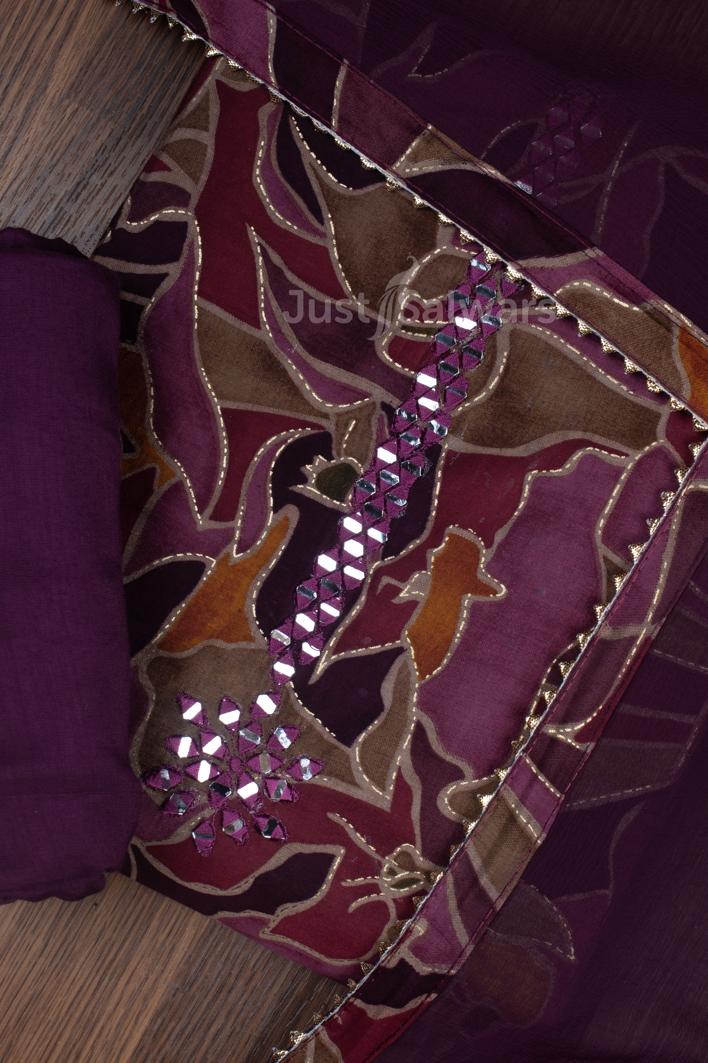 Wine Colour Muslin Dress Material with Chiffon Dupatta -Dress Material- Just Salwars