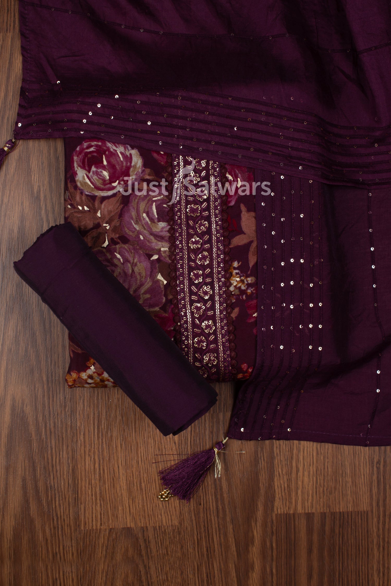 Wine Colour Muslin Dress Material with Silk Cotton Dupatta -Dress Material- Just Salwars