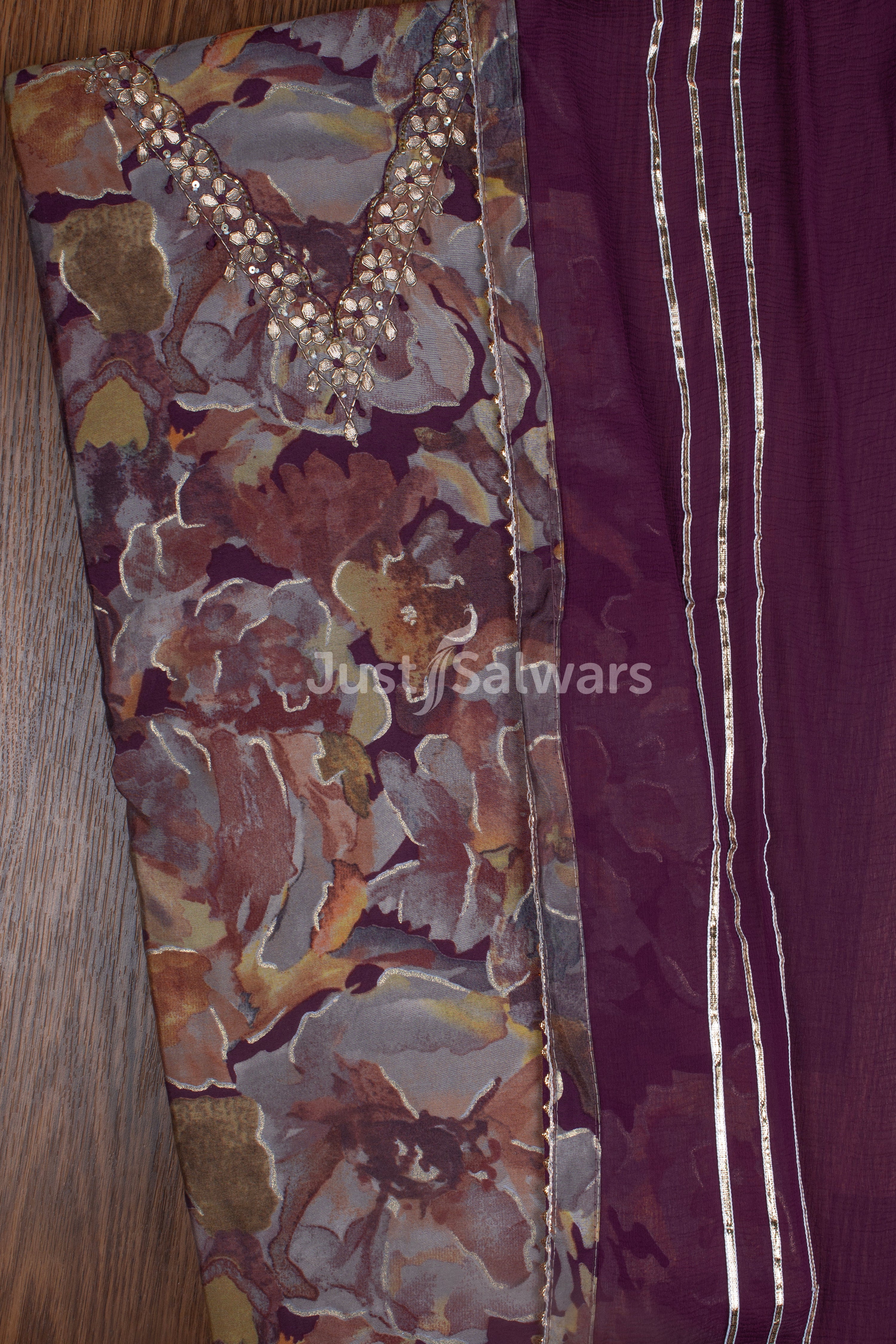 Wine Colour V Neck Muslin Dress Material -Dress Material- Just Salwars