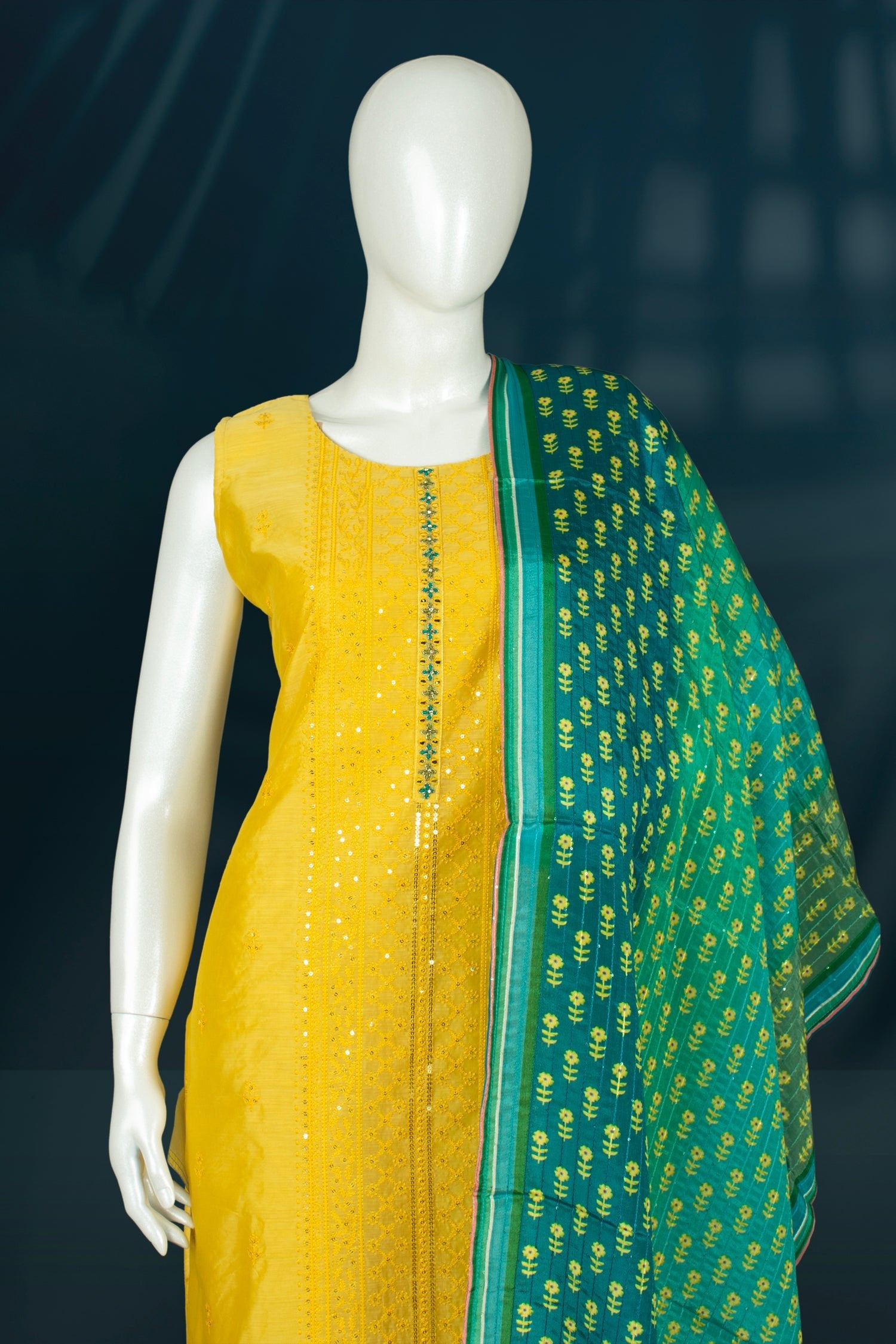 Yellow and Green Colour Straight Cut Salwar Suit -Salwar Suit- Just Salwars