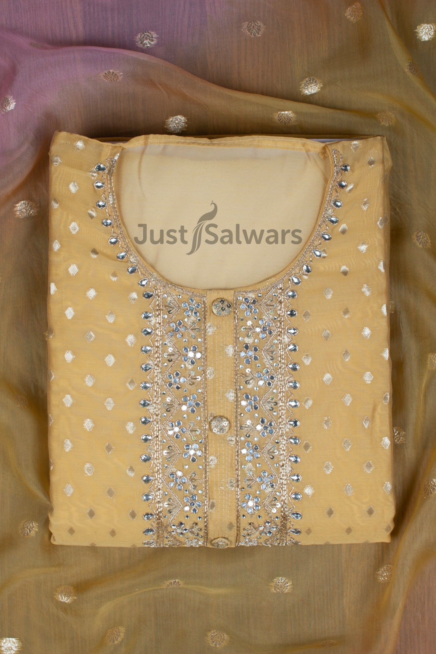 Yellow and Pink Colour Dress Material with Organza Dupatta -Dress Material- Just Salwars
