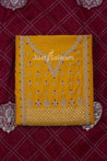 Yellow and Red Colour Muslin Dress Material with Silk Dupatta -Dress Material- Just Salwars