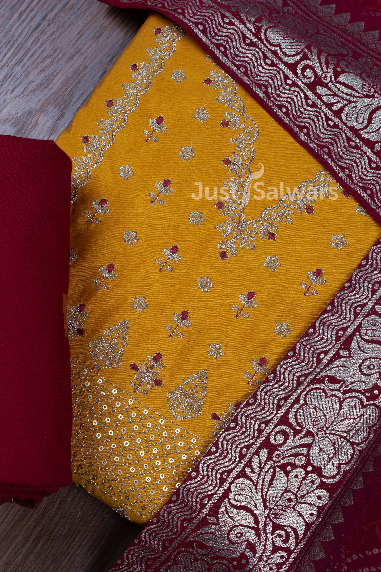 Yellow and Red Colour Muslin Dress Material with Silk Dupatta -Dress Material- Just Salwars