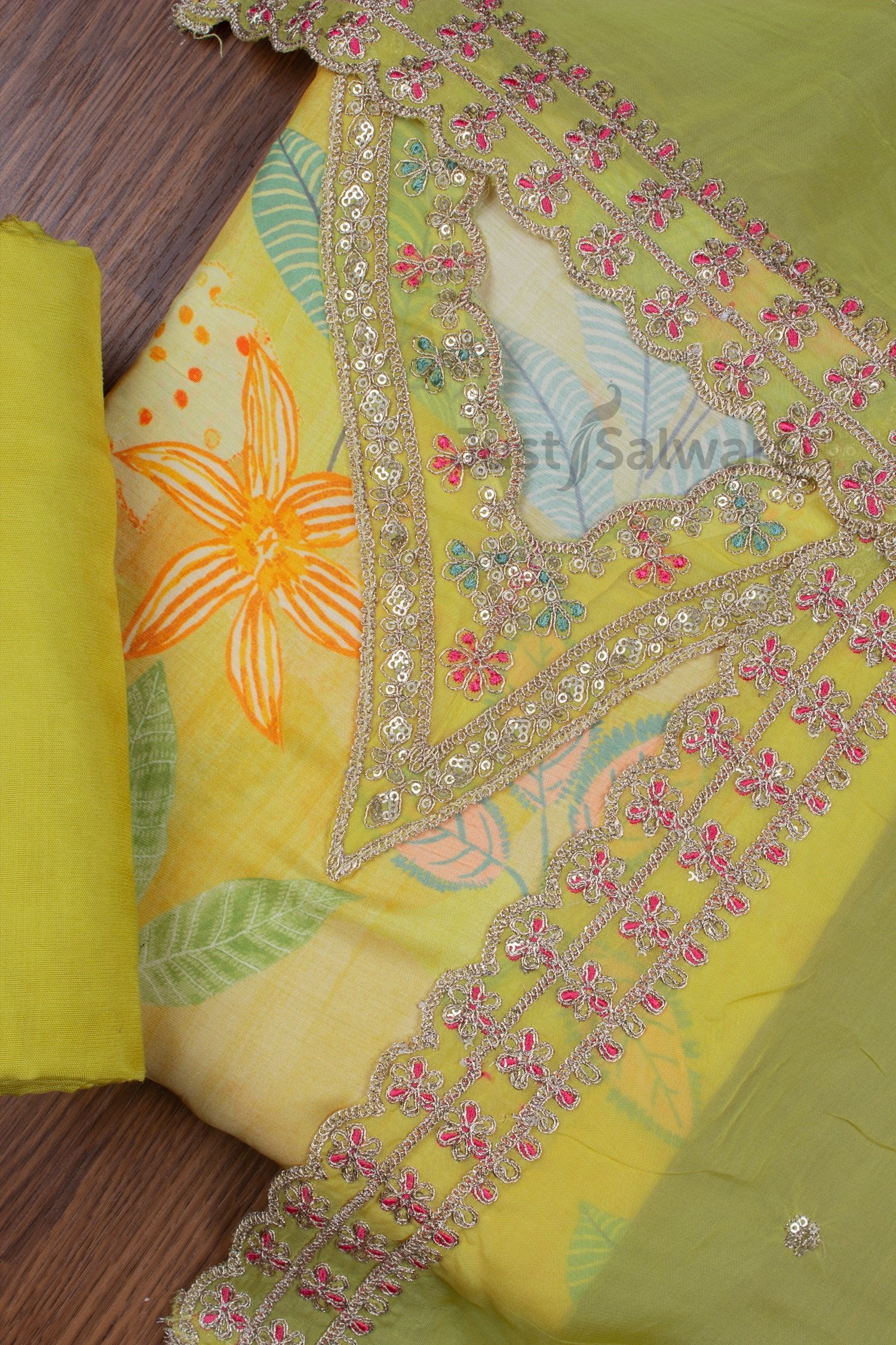 Yellow Colour Muslin Dress Material with Organza Dupatta -Dress Material- Just Salwars